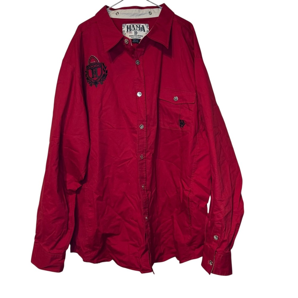 Hama Denim Men Shirt‎ Vintage Long Sleeve Embroidered 100% Cotton Pocket Red 3XL